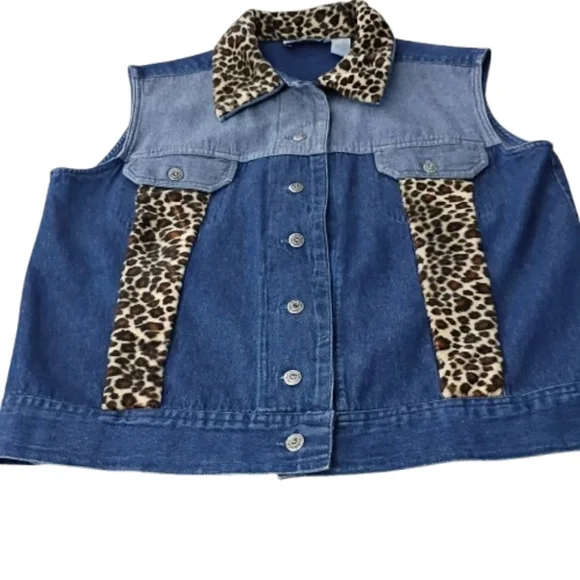 Marisol Y2K Two-Tone Demin Leopard Animal Print Jean Vest Small Boho Urban Chic - Picture 9 of 11